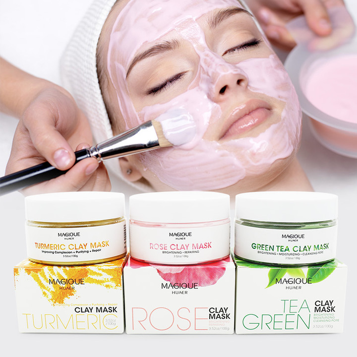 Magique Huaer Amazon Top Seller Dropshipping Turmeric Green Tea Pink Rose Face Mud Clay Mask Facial Mask For Acne Skin