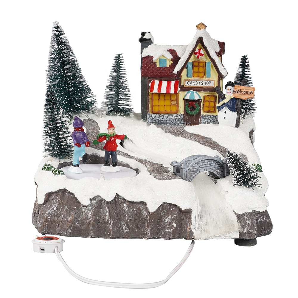 Popular animated maison de noel Light up fiber optic Christmas Led illuminated musical resin village house with Mult color Led
