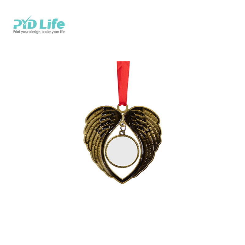 Wholesale Sublimation Blank Metal Angel Wings Christmas Custom Ornaments Frame with Red Ribbon