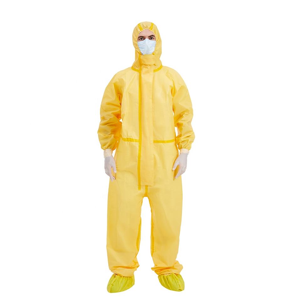 Professional production isolation gown protective coverall suit yellow disposable protective clothing With sticky strips