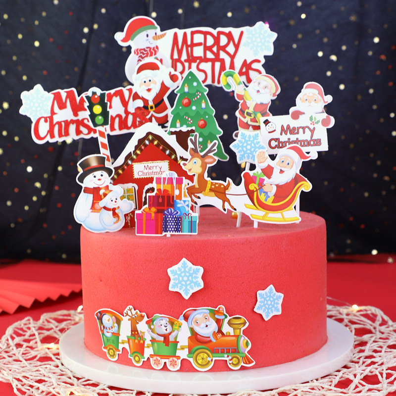 Christmas baking cake decoration red and green train elk cake topper party dessert table dress up arrangement